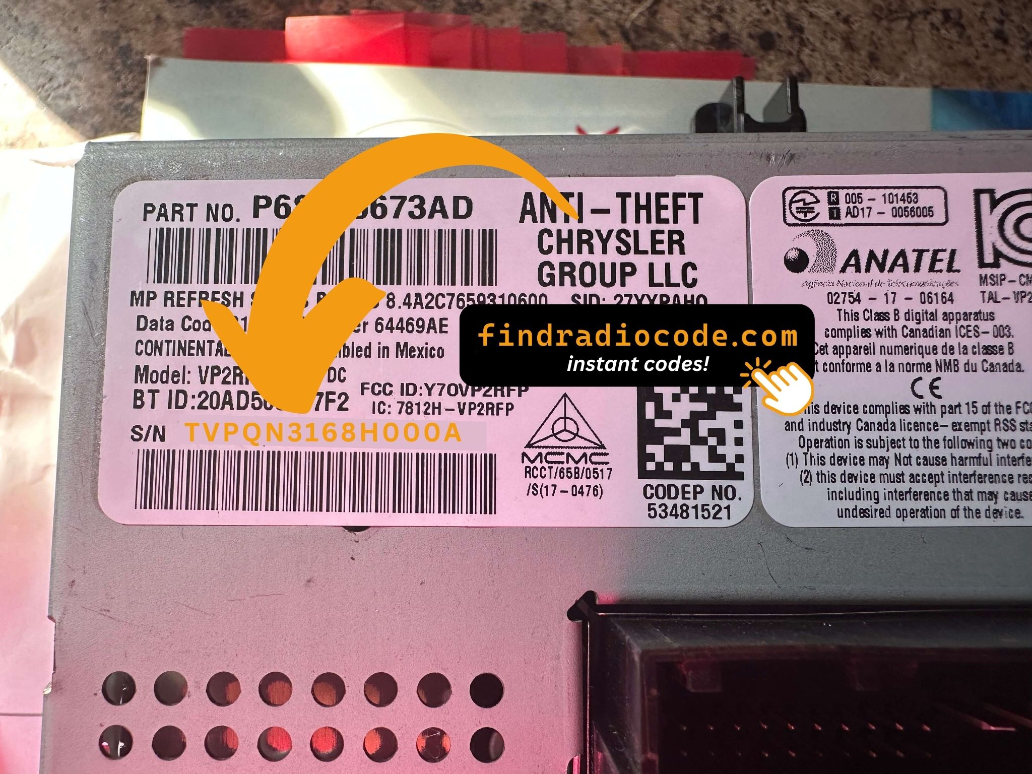 Chrysler 521 REFRESH ROW 8.4 VP2RFP
 anti theft unlock using serial number
